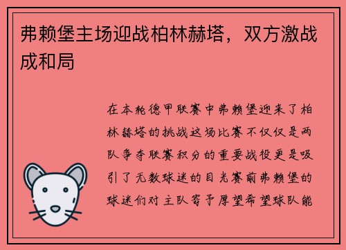 弗赖堡主场迎战柏林赫塔，双方激战成和局